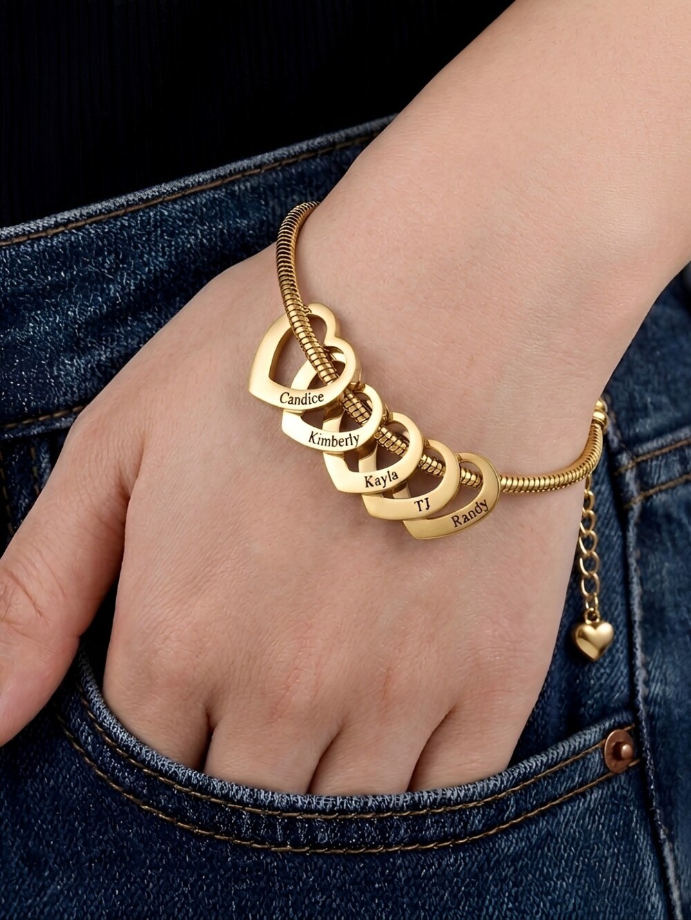 Gold Personalized Name Heart Charms And Snake Chain Charm Bracelet